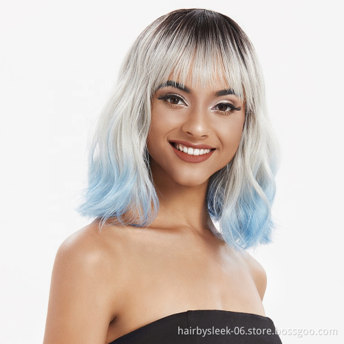 Wholesale 12 inches Short Bob Wig With Bangs Heat Resistant Wig For Black Women Ombre 3 Color Loose Wavy Hair Synthetic Wigs